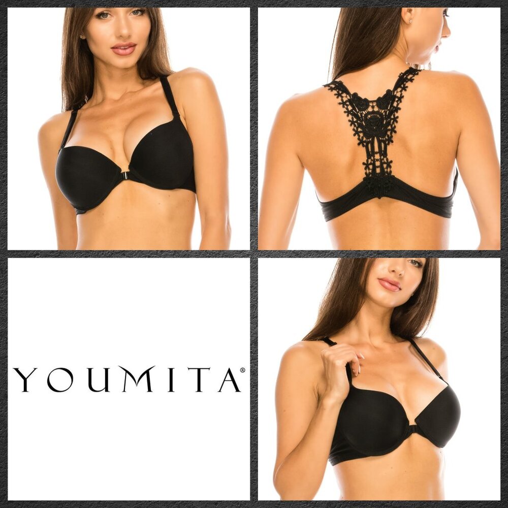 Floral Embroidery Racerback Push-Up Bra by Youmita